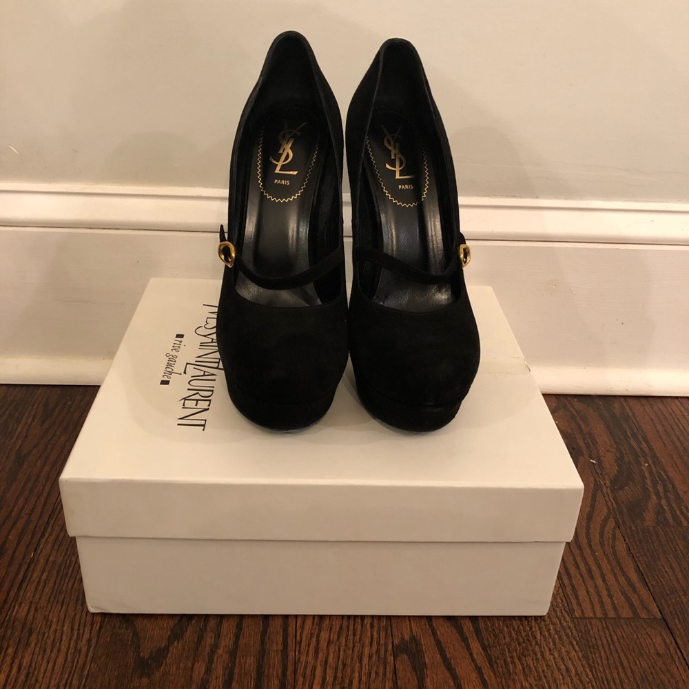 Yves Saint Laurent black suede platform pumps